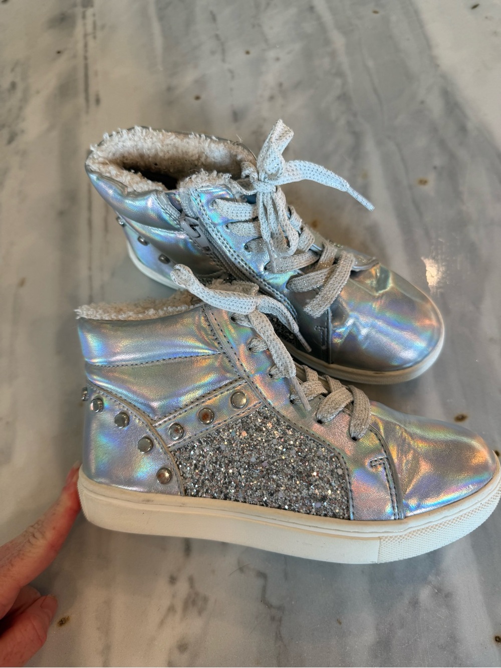 Kids Dolce Vita Holographic Silver Glitter High-Top Sneakers